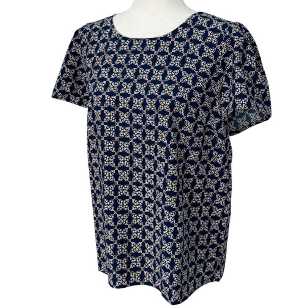 J. Crew Factory Printed Short-Sleeve Blouse Navy Blue White EUC - Picture 3 of 8